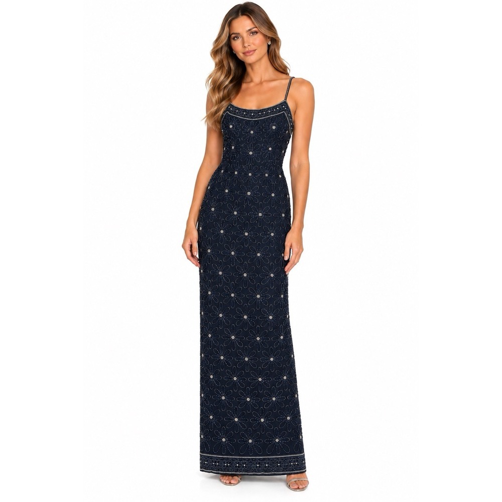Papell Boutique Evening Gown Size 4 Silk Beaded Navy Holiday Cocktail Vintage